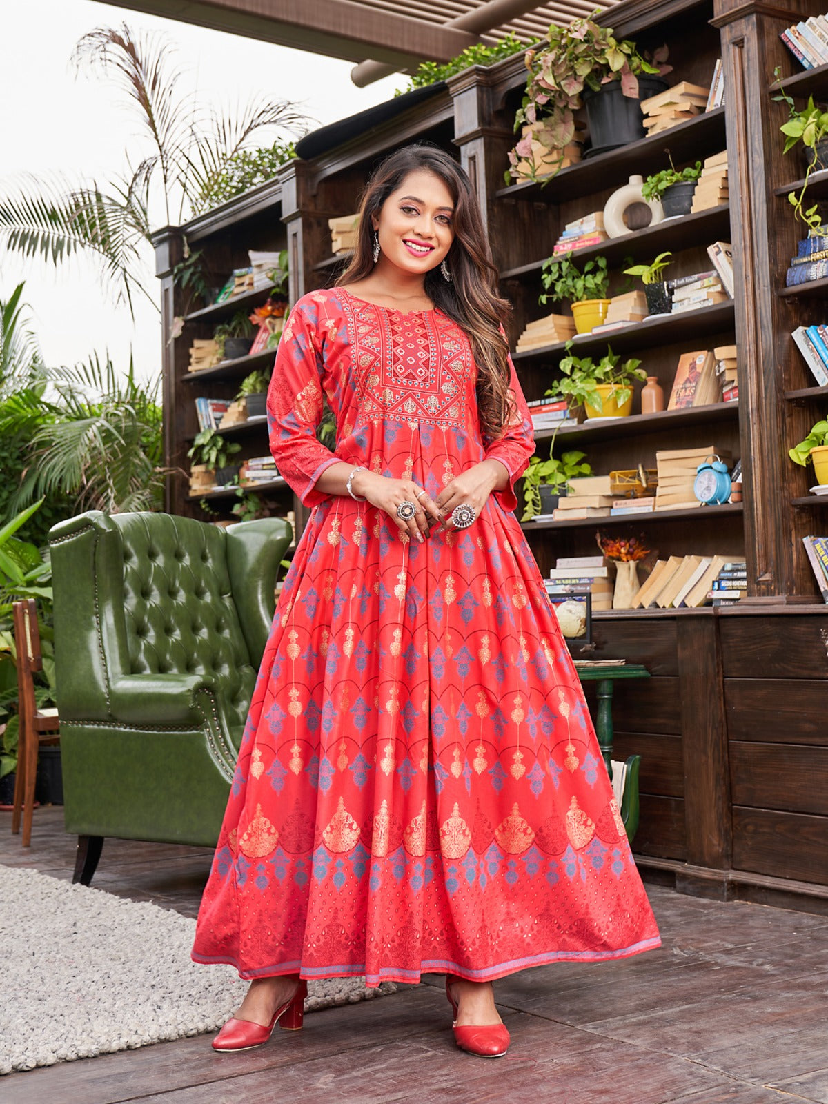 pink red georgette embroidered readymade gown with dupatta online  fabgo20221 fabanza